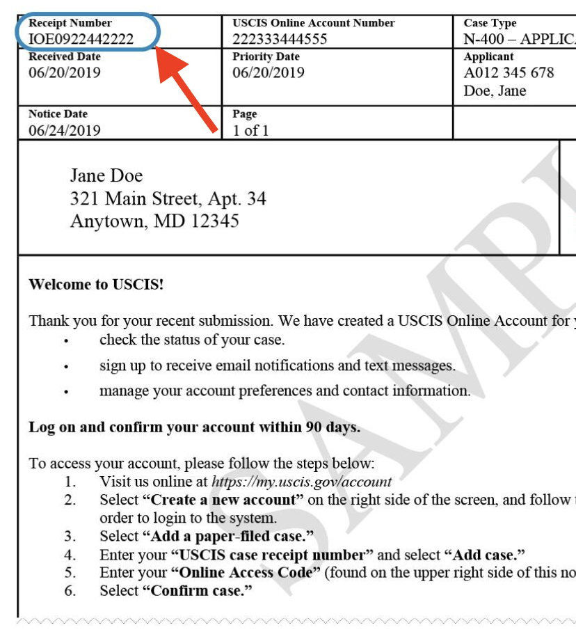 This image shows a sample USCIS Welcome Letter and has a red arrow pointing to the Receipt Number in the top left-hand corner of the sample letter. 