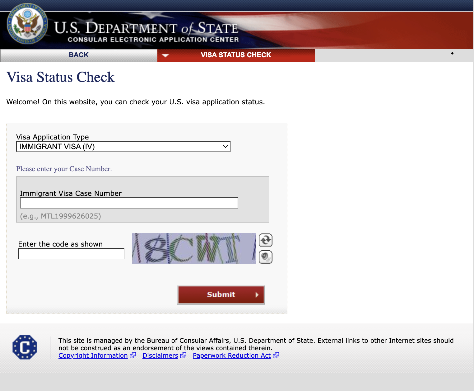 Image shows the U.S. Department of State's landing page for its visa status check tool via the Consular Electronic Application Centner.