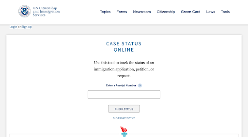 Landing page for USCIS's case status online tracker
