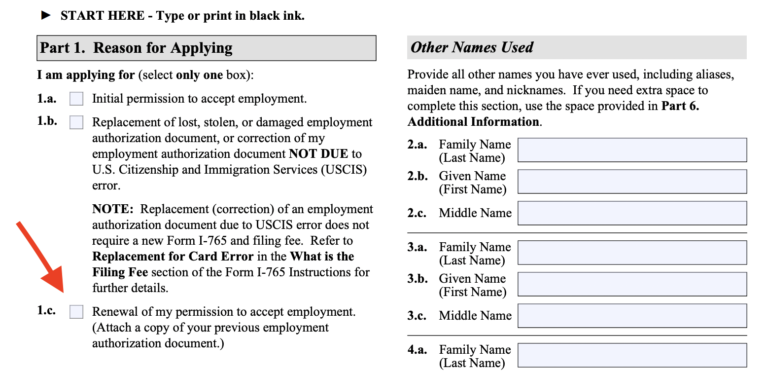 Image of USCIS Form I-765 with a red arrow pointing to box 1.c. in Part 1.
